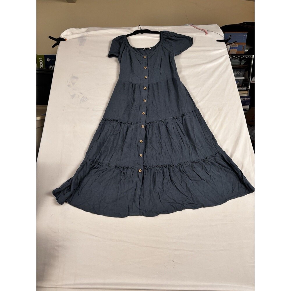 Kirundo Linen Blend Maxi Dress Blue Tiered Button Front Boho Flowy Small